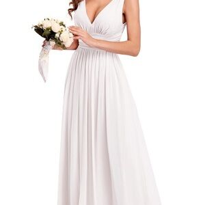 Pure White Sleeveless Gown with Plunge Neckline for Bride